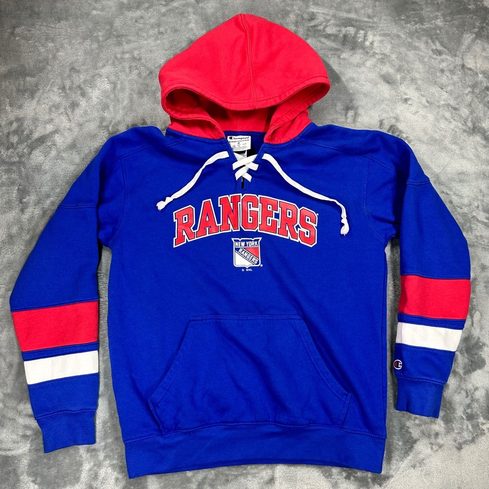 Champion New York Rangers NHL Lace Up Hoodie Blue Red Mens Medium Sweatshirt
